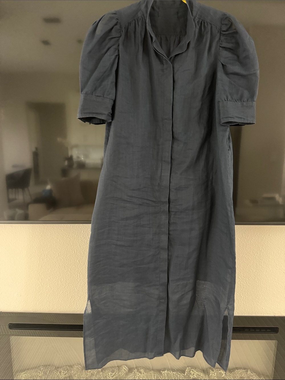 Frame Denim Slate Blue Puff-Sleeve Midi Dress
